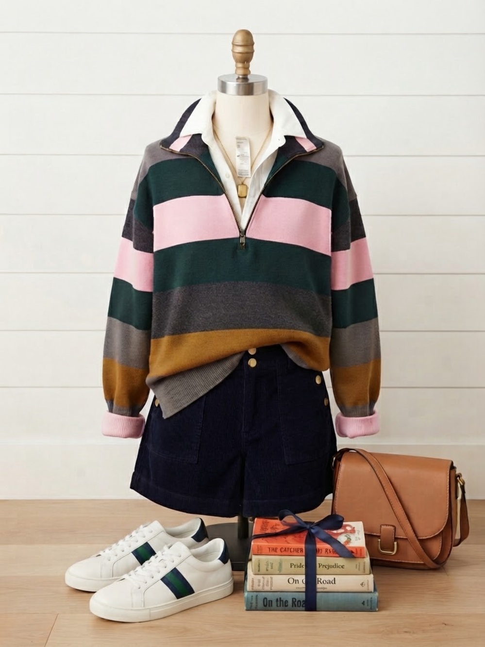 Free People Multi Color Striped Quarter Zip Sweater in Pink, Green & Brown XS